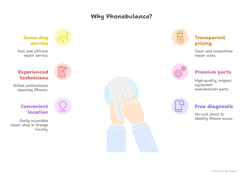 why Phonebulance - same-day service, transparent pricing , experience technicians, premium parts, convenient locations, free dignosic